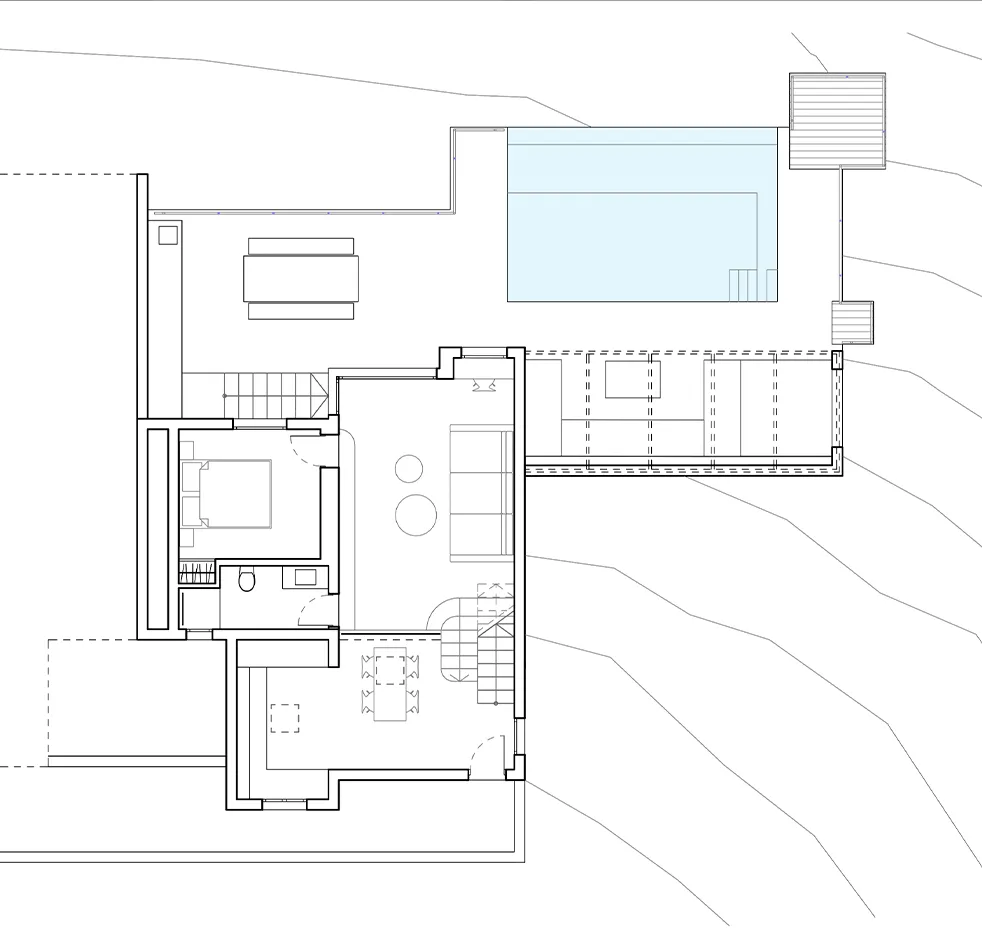 Manfredi Arquitectura Islas Baleares Diseño de Interiores Mobiliario Paisajismo Interiorismo Project Management Ibiza Sostenibilidad Espacios Humanizados Piscina infinita Mar Islas Salón